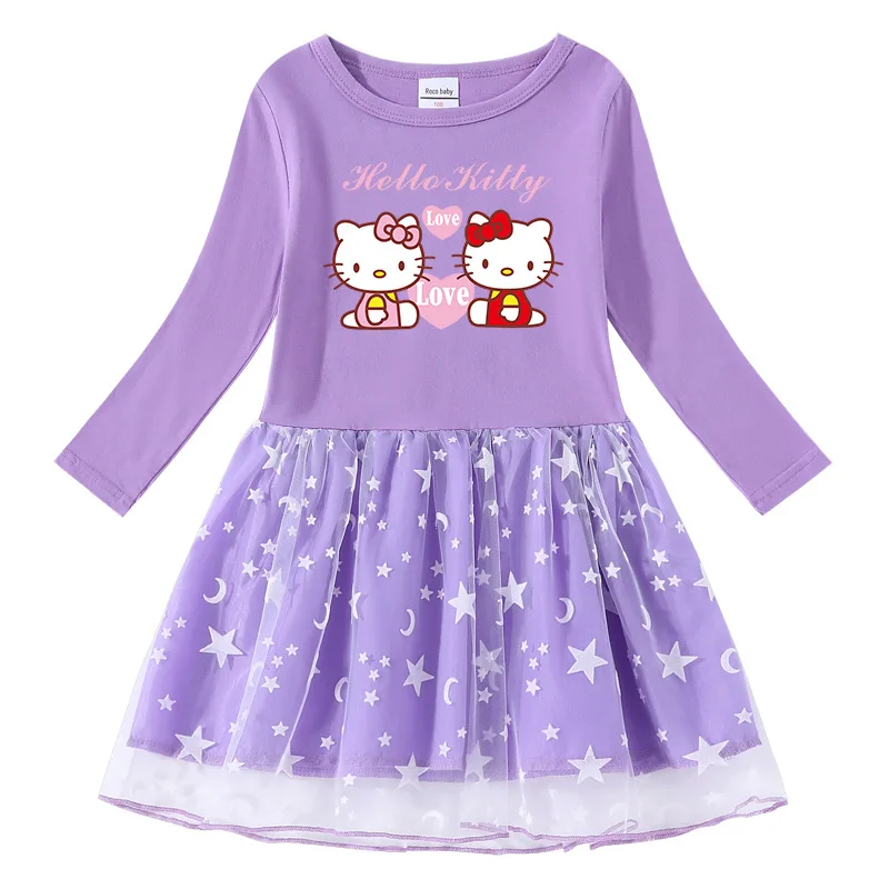 thumbnail image 1 of Hello Kitty Girl vestido dulce de algodón primavera y otoño nueva falda de princesa de manga larga con estampado de dibujos animados para niños estrella Luna red hilo, 1 of 4
