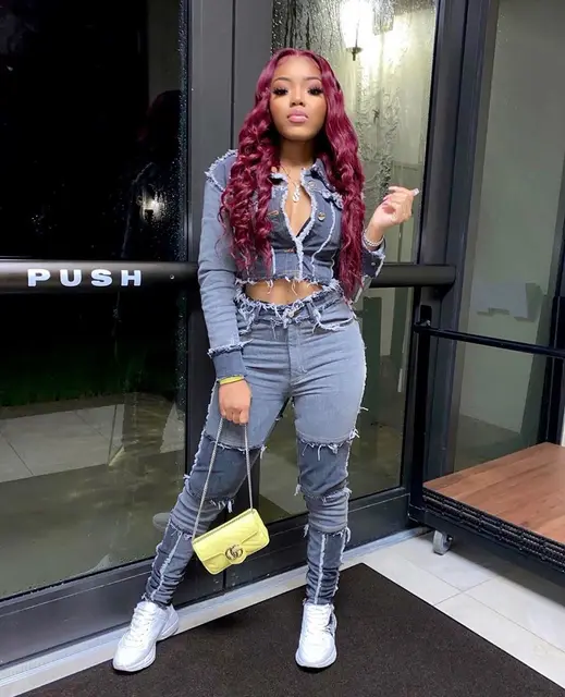 Denim Two Piece Set Women Tracksuit 2020 New Patchwork Crop Top Jacket And  Jeans Pants 2 Piece Outfits For Lady Vetement Femme - Pant Sets - AliExpress