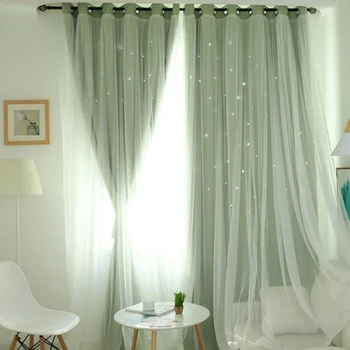 

2 Layers Shading Voile Curtain Panel Romantic Stars Hollow Light Colors Decors