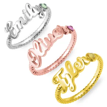 

AILIN Customize Name Ring with Birthstone Sterling Silver Personalized Words Rope Band Stackble Ring Best Christmas Lover Gift