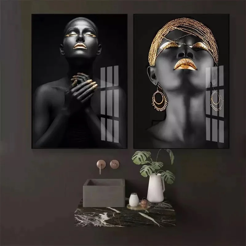 African Art Gold And Silver Woman Mural Fashion Wall Poster Canvas Print Light Luxury Painting Wall Home Decoration