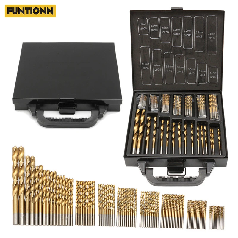 цена 99PCS 1.5-10mm HSS Round Shank Titanium Plated Twist Drill Bit Set Electric Drill Hand Tool