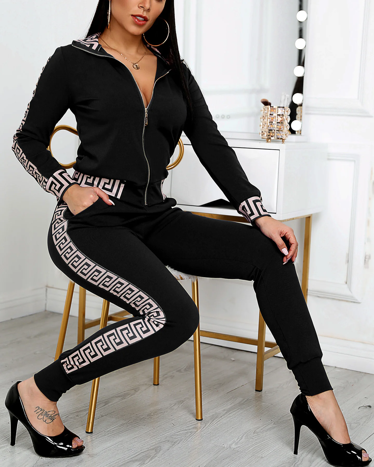 2021 Women Elegant Fashion Two -Pieces Suit Sets Female Stylish Plus Size Greek Fret Print Coat &amp Pant |