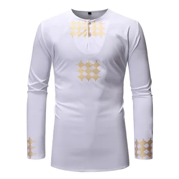 

Casual Gold African Ankara Cothes Geo Print Mens Fashion T shirt Long Sleeves Tee O Neck Tops Blouse For Men Black White