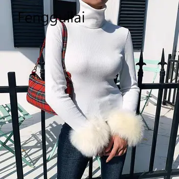 

2020 NEW White Jumper Fur Cuff Long Sleeve Slim Fitted Turtleneck Sweater Women Winter Knitted Tops Streetwear Fashion Pullover