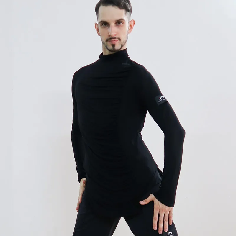 Рубашки для латинских танцев мужские черные с длинным рукавом Топ Практика одежда Румба ча Самба Танго танцы мужской бальный танец одежда DN4344