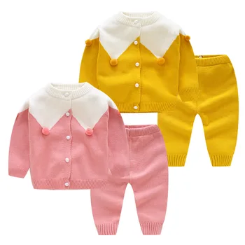 

Spring Autumn Newborn Baby Girls Clothes Sets 2pcs Long Sleeved Patchwork Knitted Outwear Coat+Pants Boys Clothing Outfit Suits