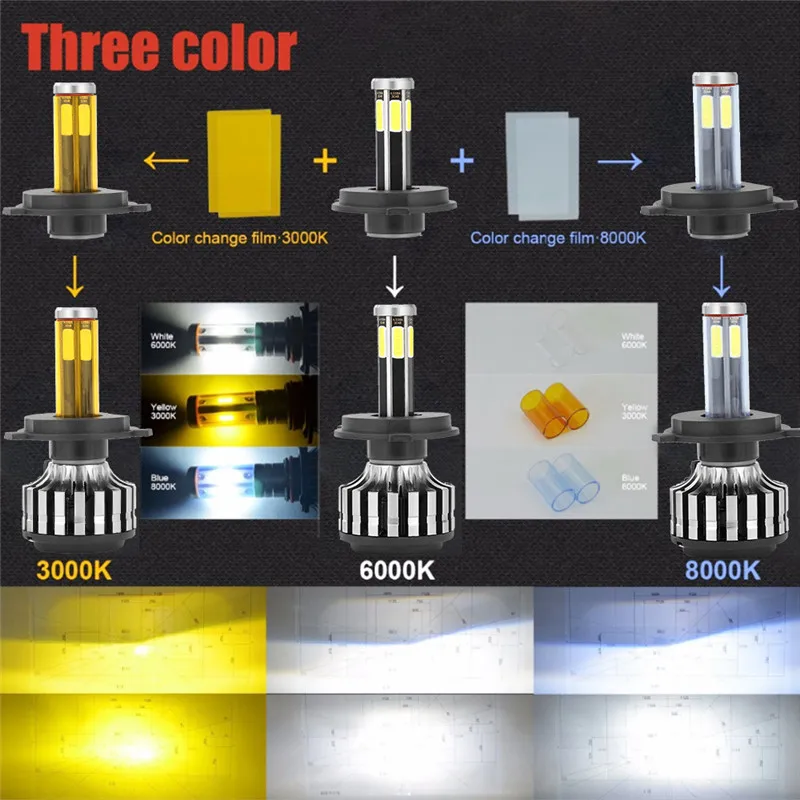Транспортное средство светильник головной светильник H11 лампы 9005 9006 светодиодный H4 H7 лампа 3 цвета: 6-стронние кубики COB светодиодный чипы Цвет изменения фильм автомобиля 12V HB3 HB4