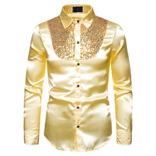 

Silk Shirt Sequins Men New Satin Smooth Men Solid Tuxedo Business Shirt For Men Casual Slim Fit Shiny Gold Wedding Dress Shirts
