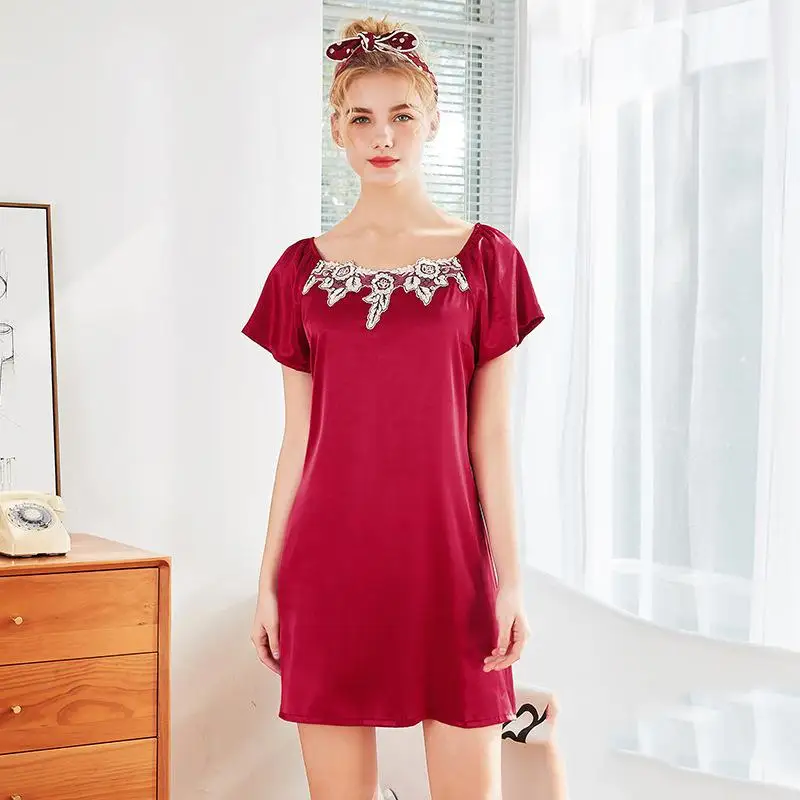 Свободная Женская ночная рубашка, Сексуальная мини-Пижама, ночная рубашка, кружевная, из кусков, интимное белье, ночная рубашка, мягкий атласный пеньюар, домашнее платье - Цвет: Burgundy