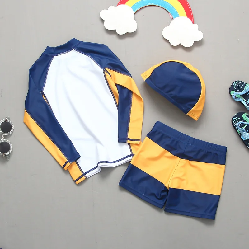 Swimsuit Kids UV Protection Baby Toddler Bathing Suit Long Sleeves Swimming Shirt Trunks Hat Rash Guard Set 2-11 Years Old Boys