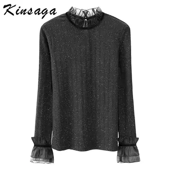 

Women Tulle Mesh Turtleneck Fleece Sweater Winter Autumn Warm Flare Sleeve Pullover Jumper Tight Bottoming Casual Knitted Tops