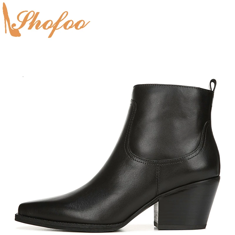 

Black Ankle Boots High Chunky Heels Woman Round Toe Zip Booties Large Size 12 15 For Ladies Winter Fashion Mature Shoes Shofoo