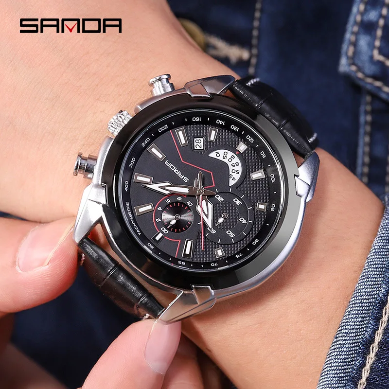 

SANDA Watch Men's Trend Calendar Waterproof Students MEN'S Watch Multi-functional Six-pin Casual Sports Genuine Leather Quartz W