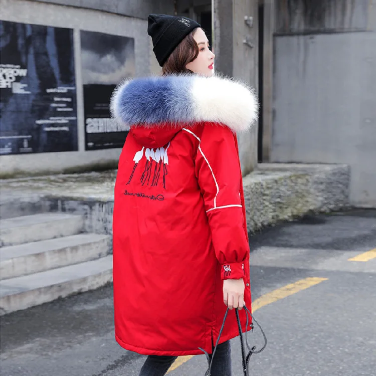 

Photo Shoot 2019 Autumn And Winter New Style down Jacket Women's Mid-length Large Fur Collar Embroidered Parka Thick Cotton Over