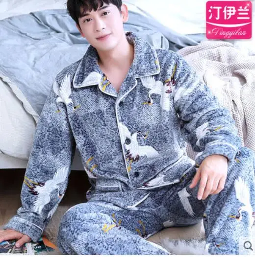 Fashion Brand Luxury Winter Pajamas Men Sleepwear Thick Warm Coral Fleece Mens Pajama Set Male Nightwear Leisure Home Clothing - Цвет: 017