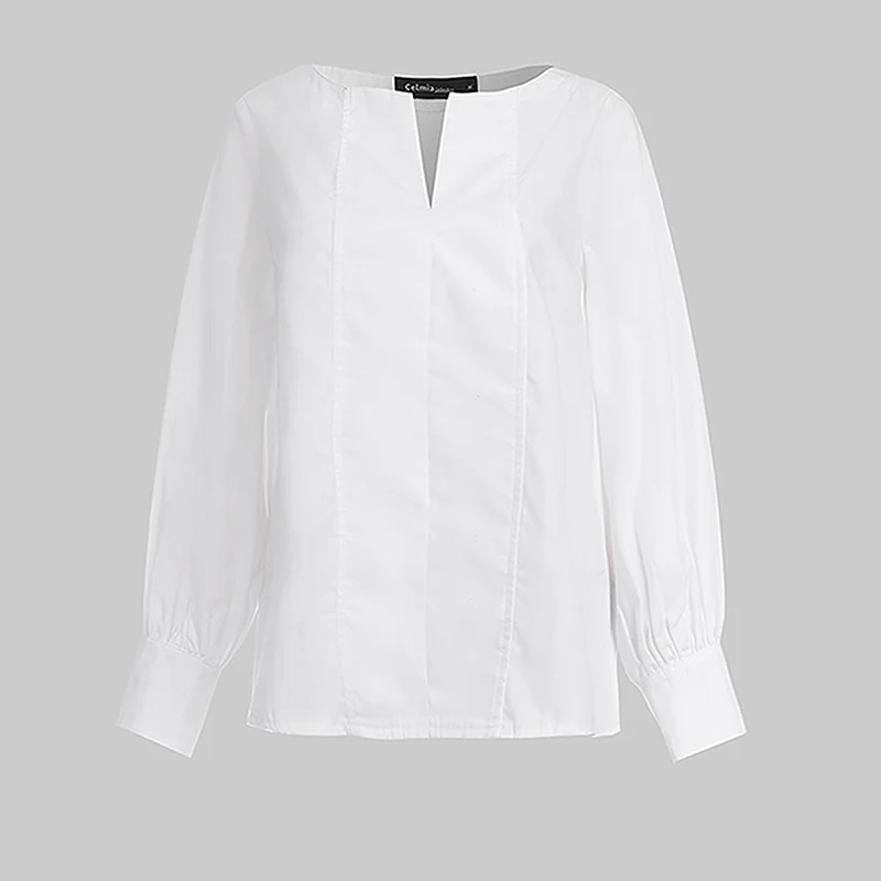 5XL стильные женские топы, Celmia, элегантная OL блуза с длинным рукавом-фонариком, осень, Женские однотонные рубашки с v-образным вырезом, повседневные свободные блузы 7