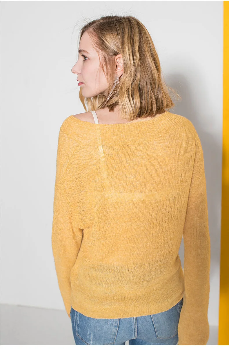 Простой мохеровый вязаный свитер с V-образным вырезом Женский пуловер длинным