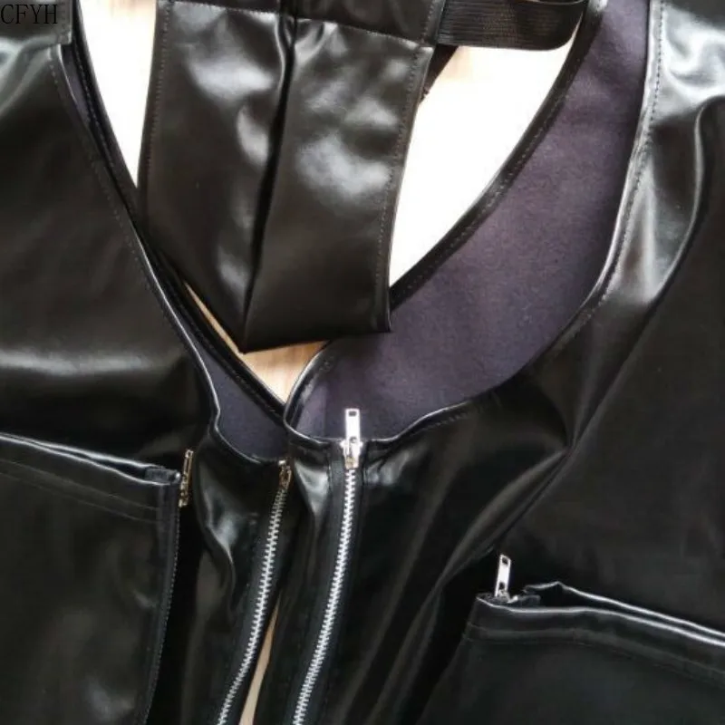 Sexy Men PU Leather Open Crotch Erotic Latex Pants Adjustable Belt Buckle Zipper Side Trousers Hollow Out Long Pants Club Wear