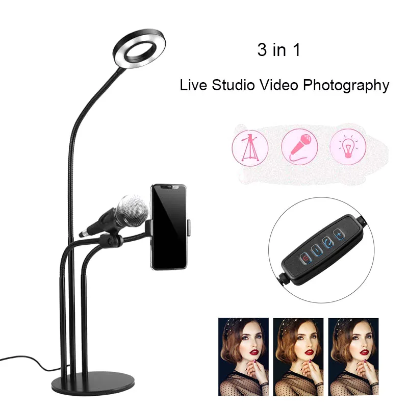 

Selfie Ring Light Cell Phone Holder Microphone holder for Table Live Stream Makeup LED Ring Light With Long Arms smartphone clip