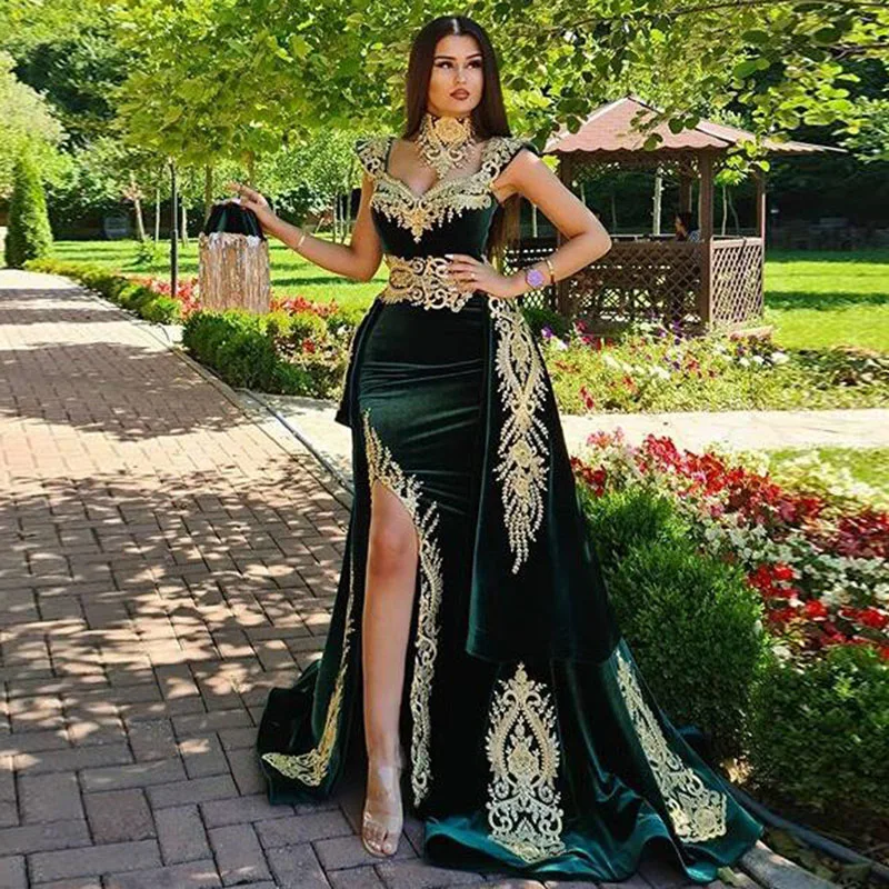 

Green Velour Detachable Skirt Two Piece Lace Moroccan Caftan Dress Islamic Dubai Saudi Arabic Evening Dress Abaya Prom Dress