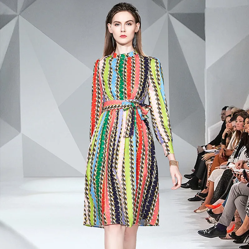 

2019 Autumn Runway Women Elegant Colour Stripes Retro High Quality Women Stand Collar Long Sleeves Belt Slimming office Dresses