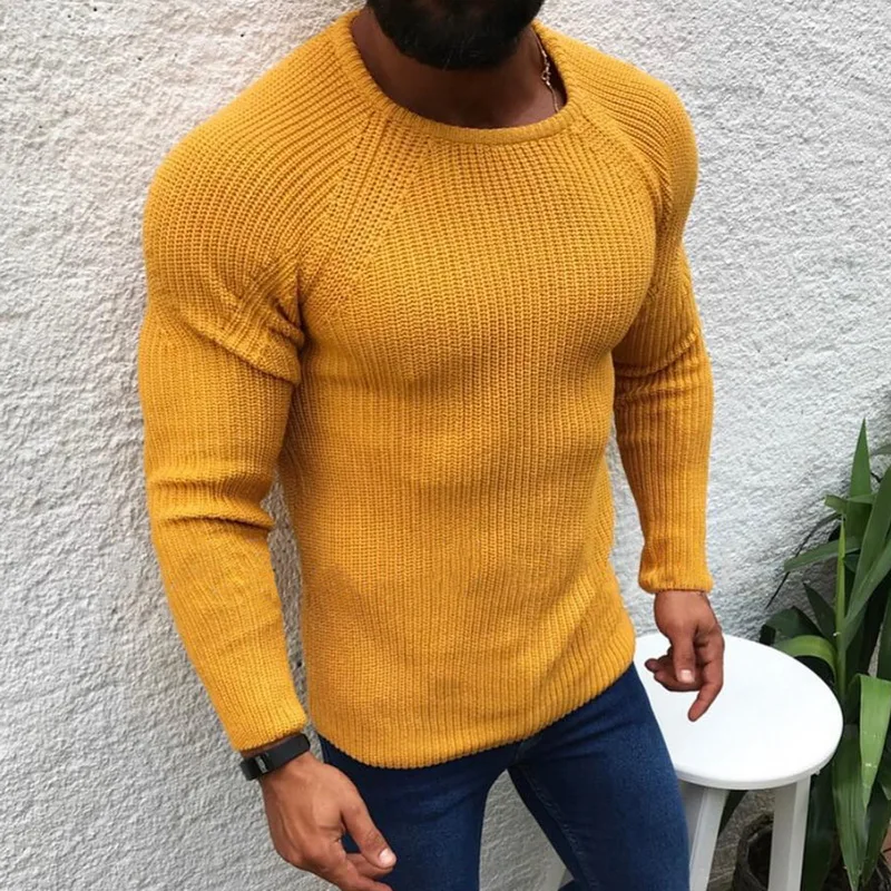 DIHOPE Mens Autumn and Winter Slim Fit Long Sleeved Round Neck Pullover Sweater Tops Male Solid 4
