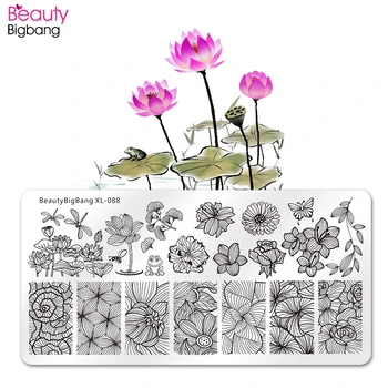 

Beautybigbang Nail Art Stamping Plates Flower Dragonfly Lotus Frog Image Stainless Steel Nails Swanky Stamping Template XL-088