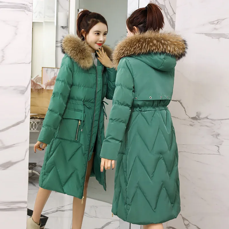 

Waist Hugging Fashion Elegant 2018 Winter Zipper Hooded Mid-length Solid Color Women Coat Cotton Coat with Genuine Fur Collar
