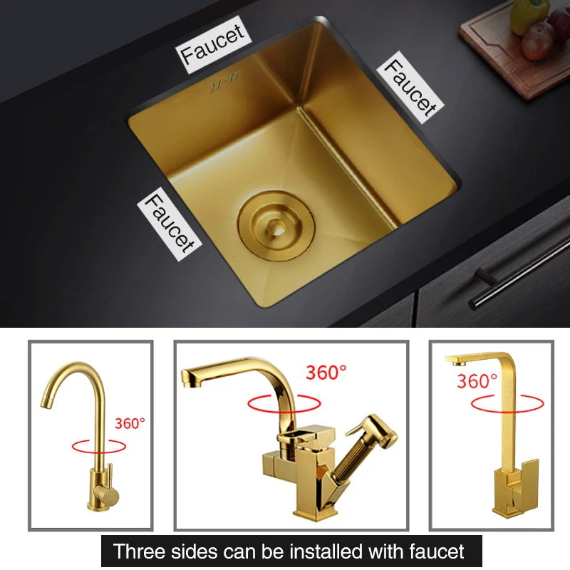Gold Undermount Kitchen Sink Nanometer Gold 304 Stainless Steel Manual Kitchen Sink Single Bar Counter Kitchen Sink 3