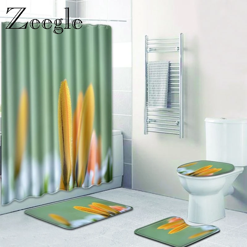 Zeegle Plant Bath Mat Set and Shower Curtain Toilet Cover Bath Mat Pad Set Non-Slip Soft Floor Mat Rug Bathroom Set with Hooks