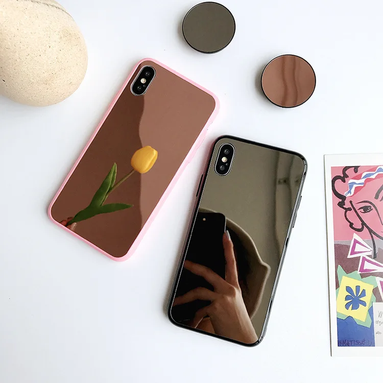 

For iPhone 6 6S 7 8 Plus X XS XR Max Phone Case funda shell bumper Cover Coque Soft Silicone TPU Etui Makeup mirror holder capa
