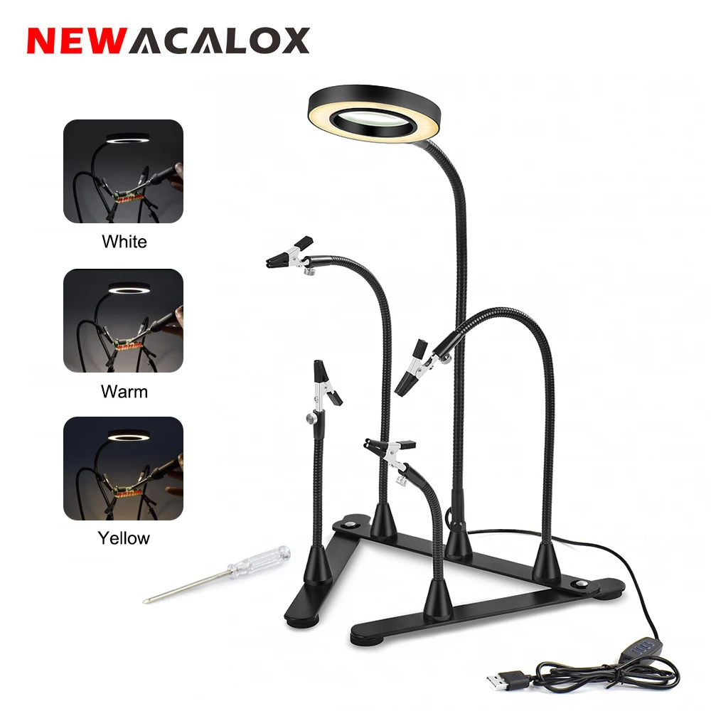 NEWACALOX Soldering PCB Holder 3X LED Illuminated Magnifier Welding Magnifying Glass Adjustable Base Soldering Third Hand Tools