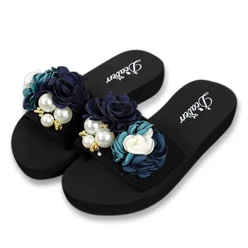 

Slippers Women's Flowers Flip-flops Thick Slope Heel Breathable Increased Fashion Beach Shoes 2019 Summer New Women's Shoes