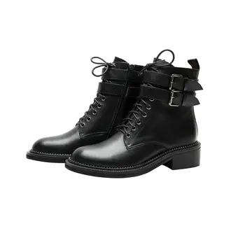 

Spring Autumn genuine leather Low Heels Women Ankle Boots Lace Up Western Short Boots Casual Shoes Woman