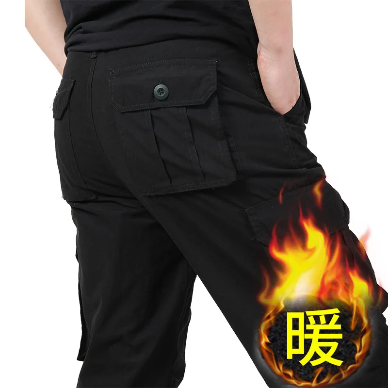 Осень Зима теплые толстые мужские брюки Карго повседневные бизнес размера плюс 3XL мех внутри армии милитари большие карманы дизайн одежды - Цвет: 194102 Black