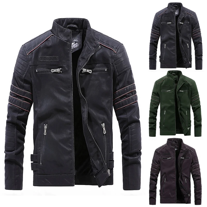 

Newly Men Outwear Jackets PU Leather Coat Zipper Pocket Long Sleeve Warm for Winter SD669
