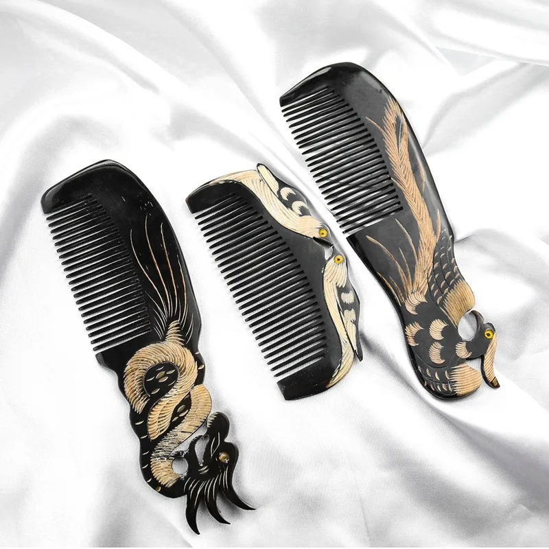 Retro Natural OX Cow Horn Dragon Phoenix Peacock Comb Hair Brush Health Scalp Massage Anti-static Combs Detangle Woman Gift batik retro rice paper chinese jin tang dynasty regular script half ripe xuan paper brush pen calligraphy copy scriptures papier