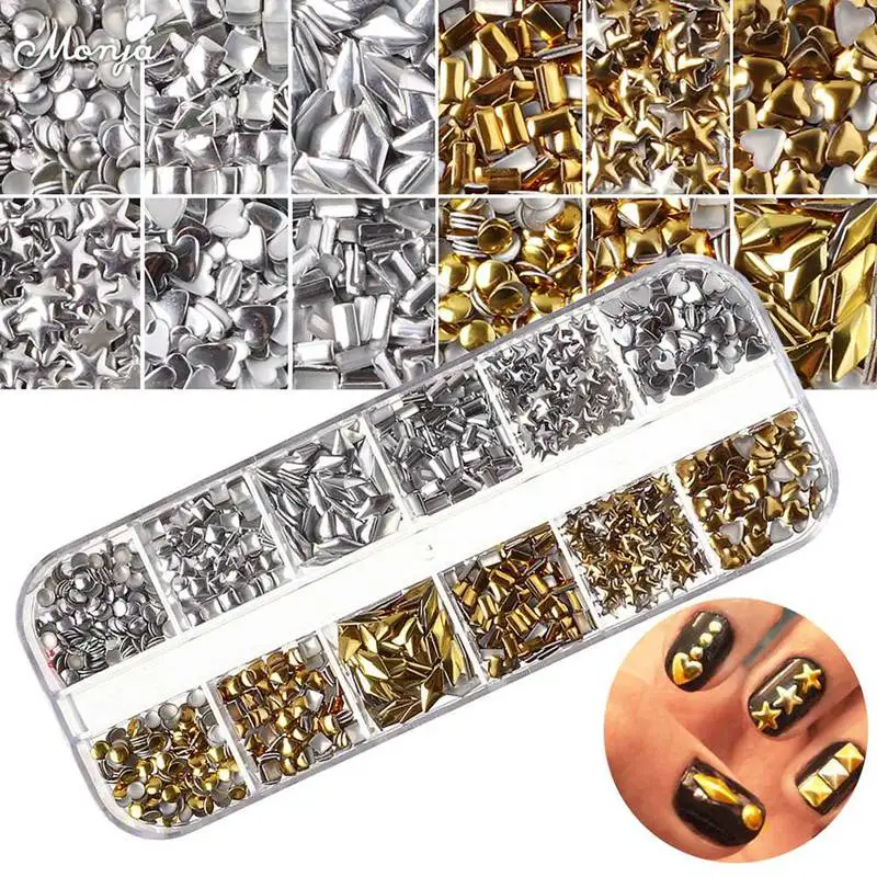 

1Case DIY Nail Art Hollow 3D Nail Art Decorations Mix Metal Frame Nail Rivets Shiny Charm Strass Manicure Accessories Studs