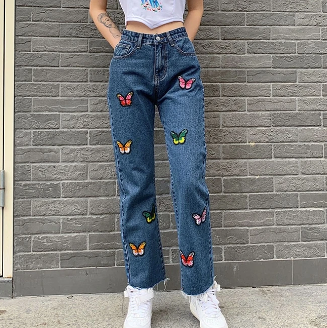 

High Waist Jeans Straight Blue Color Long Pants Butterfly Pattern Casual Embroidery Trousers with Pockets Ripped Jeans for Women