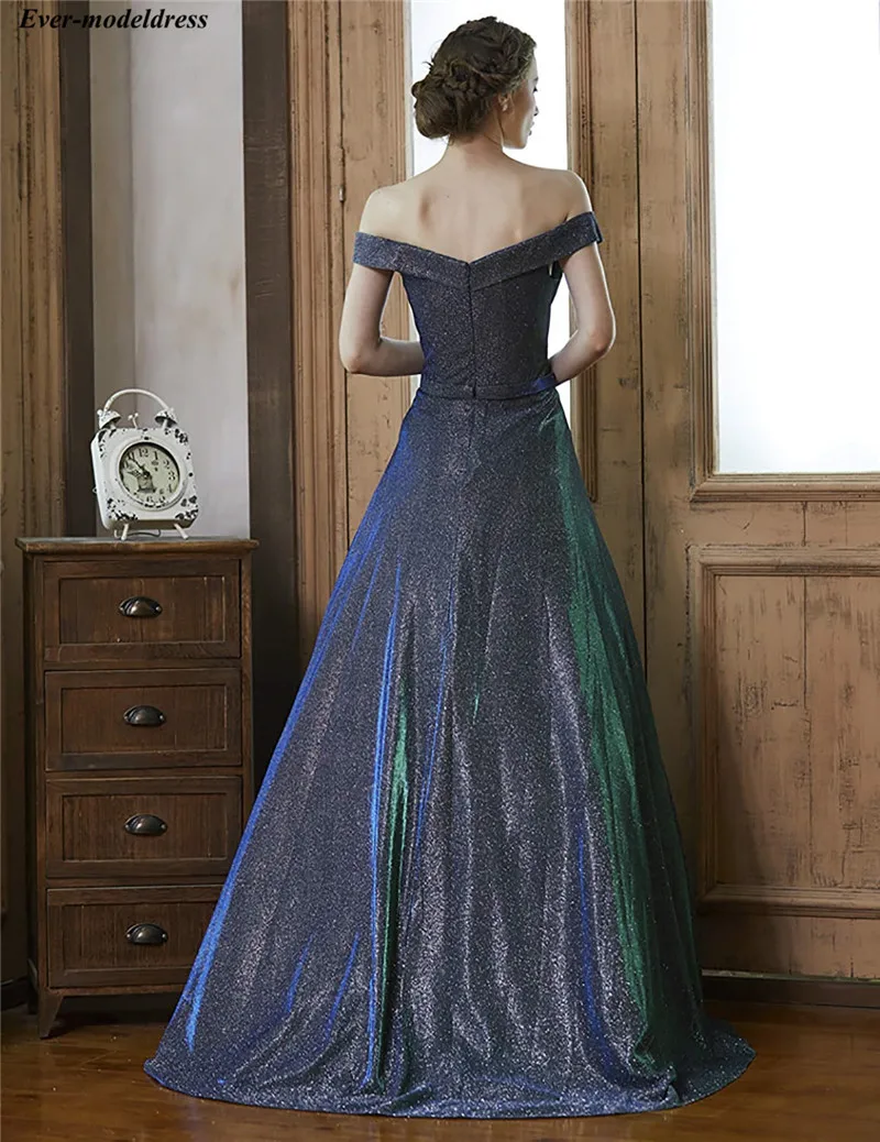 Off Shoulder Shiny Prom Dresses Long Zipper Back A-line Simple Formal Gowns Evening Party Gowns Vestidos De Festa Cheap