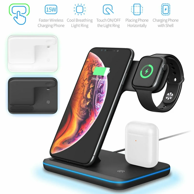 15 Вт 3 в 1 Qi Беспроводная Быстрая зарядка док-станция Подставка для Apple Watch Airpods IPhone 11