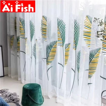

American Blue-yellow embroidered Leaves veranda partition window screen Sheer household environmental protection tulle ZH203#4