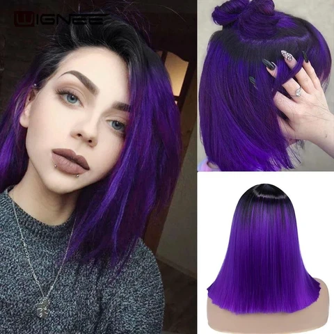 Wignee 2 Tone Ombre Purple Synthetic Wig for Women Middle Part Short Straight Hair High Temperature Cosplay Party Daily Hair Wig