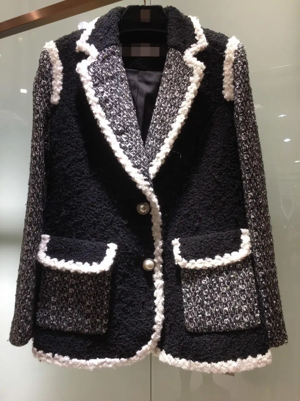 

2019 autumn new women's lapel white trim Pearl buckle embellished small fragrance wind tweed jacket 0909