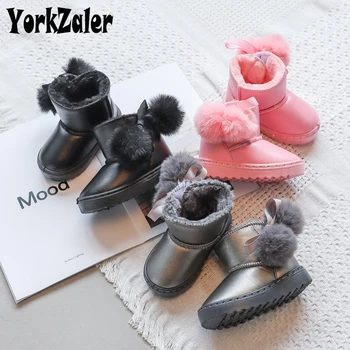 

Yorkzaler Winter Kids Boots For Girl PU Leather Bow Plush Children Snow Boots Waterproof Girl Snow Boots Toddler Baby Shoes