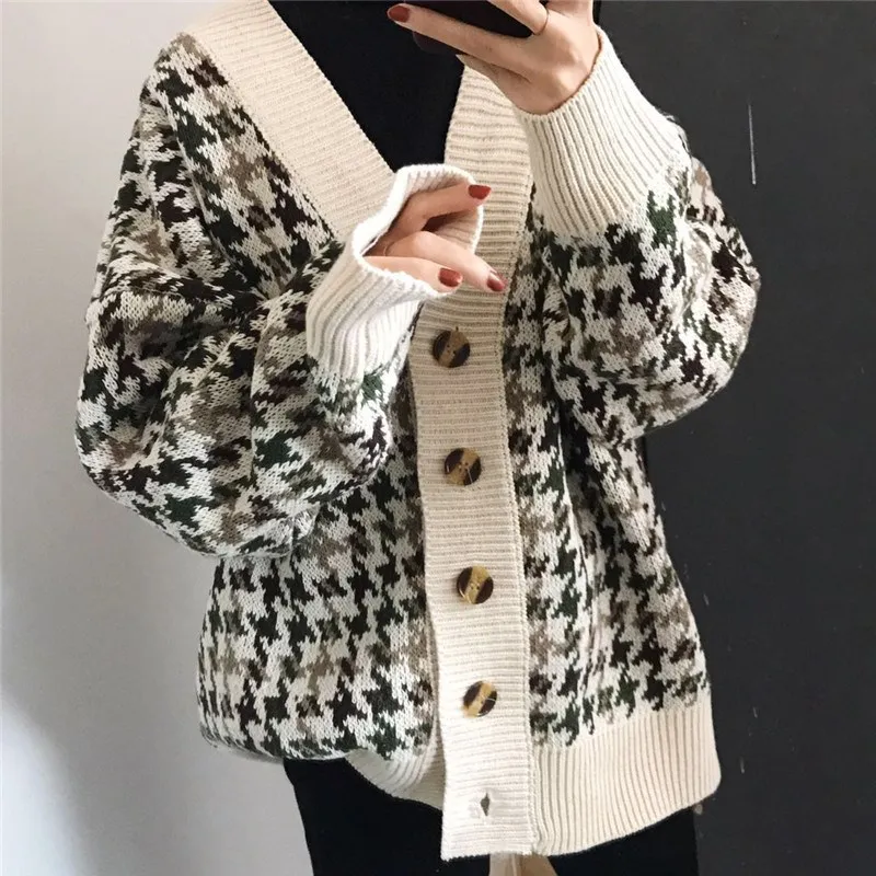 Danjeaner Autumn Winter Lattice Knitted Long Cardigans Loose Casual Preppy Style Thick Sweaters Jumpers Women Knitting Jackets |