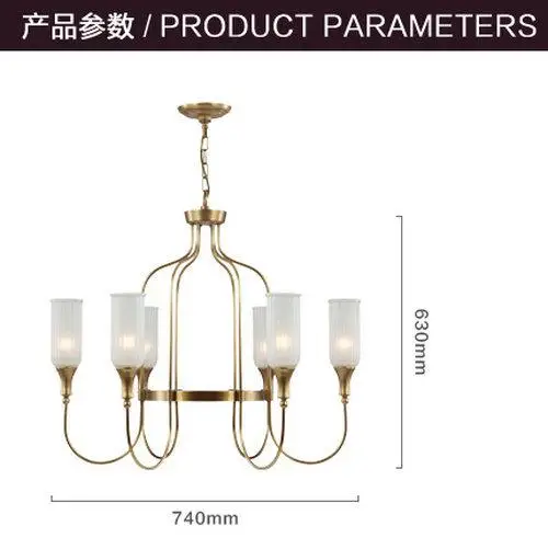 American country pure copper LED lighting fixtures living room hanging lamp bedroom glass dining room study chandelier - Цвет абажура: copper 6 lights