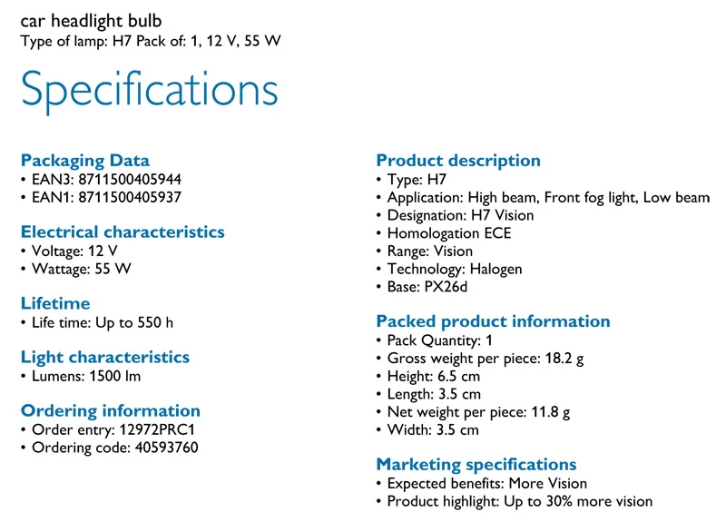 Philips оригинальные H7 12V 55W PX26d Премиум видения стандартные Автомобильные фары галогеновые лампочки лампы ECE утвержден 12972PR C1, 1X