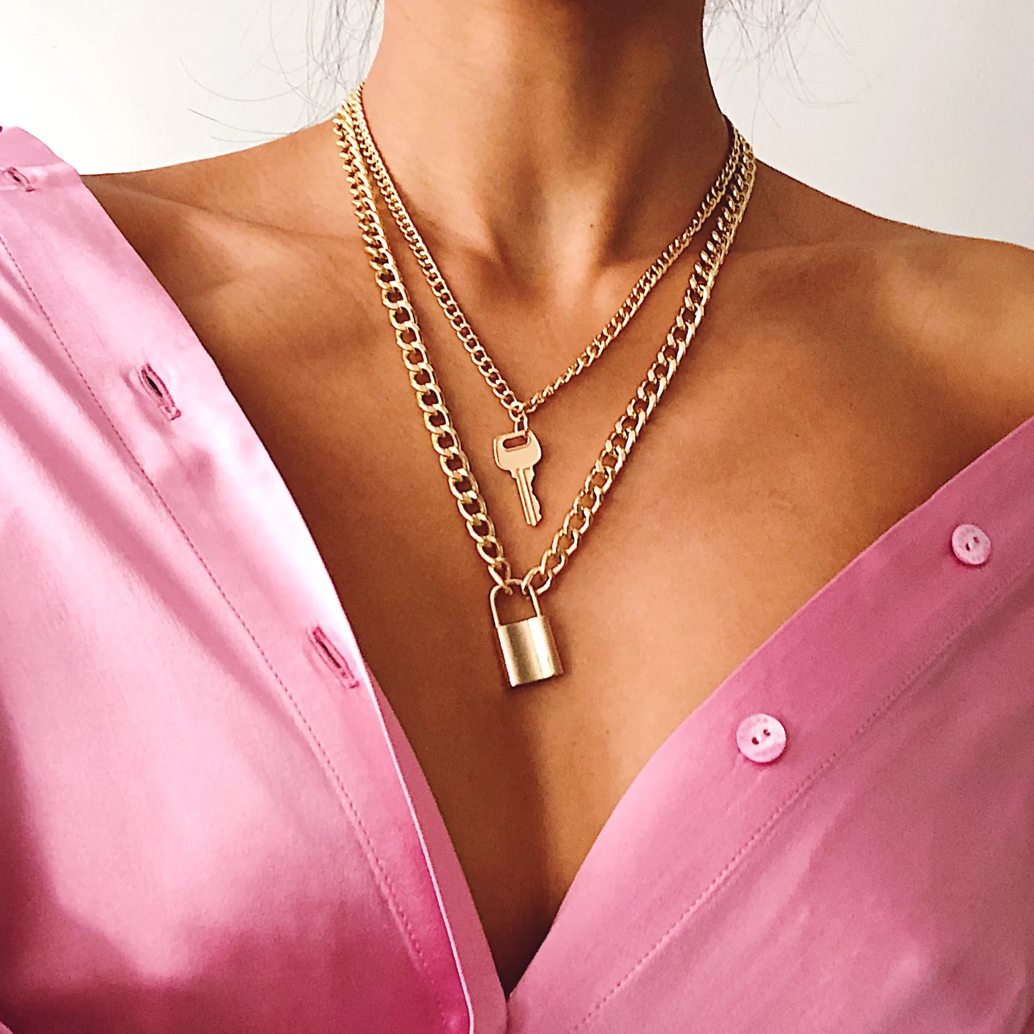 Punk Thick Chain Key Lock Necklace Fashion Gold Color Padlock Pendant